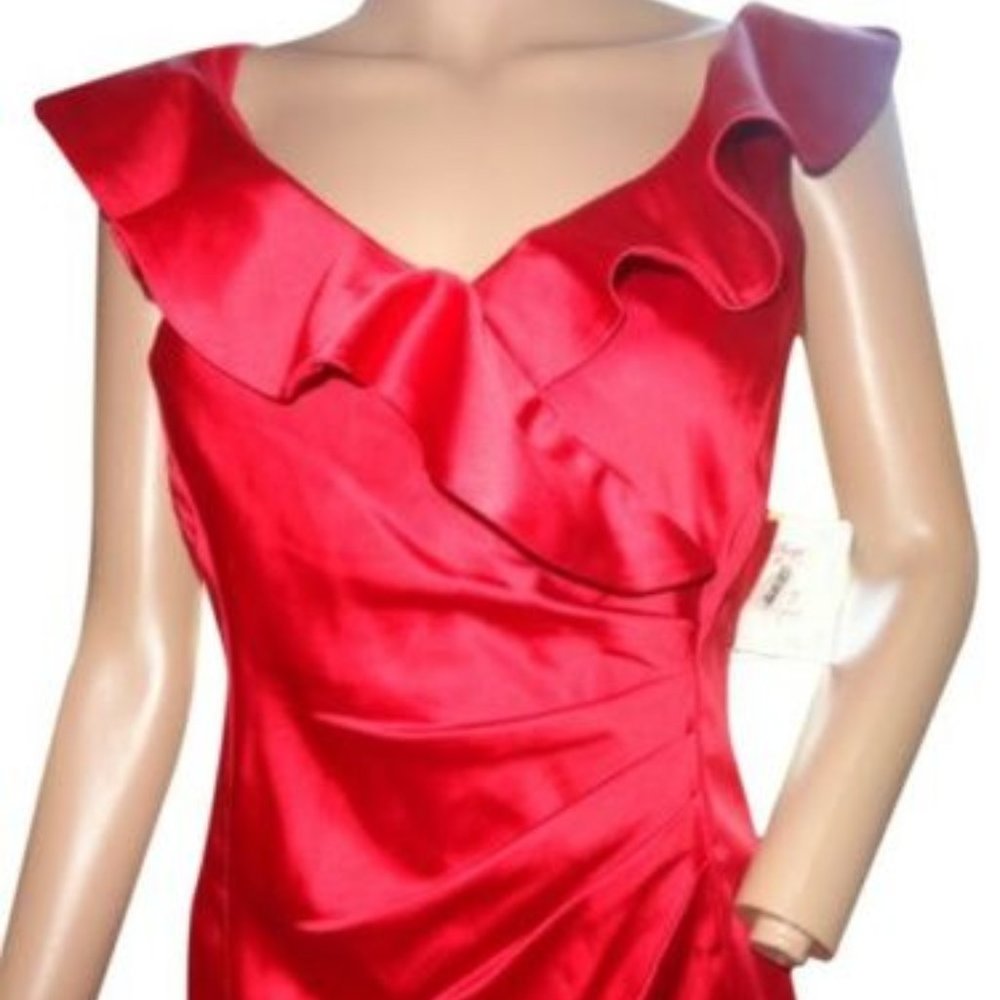 SUZI CHIN RED RUFFLE RUCHED DRESS STRETCHY SATIN 6